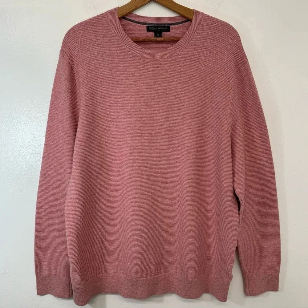 Banana Republic Long Sleeve Polo Shirt Men XL  Pink Organic Slub Cotton Rib Knit